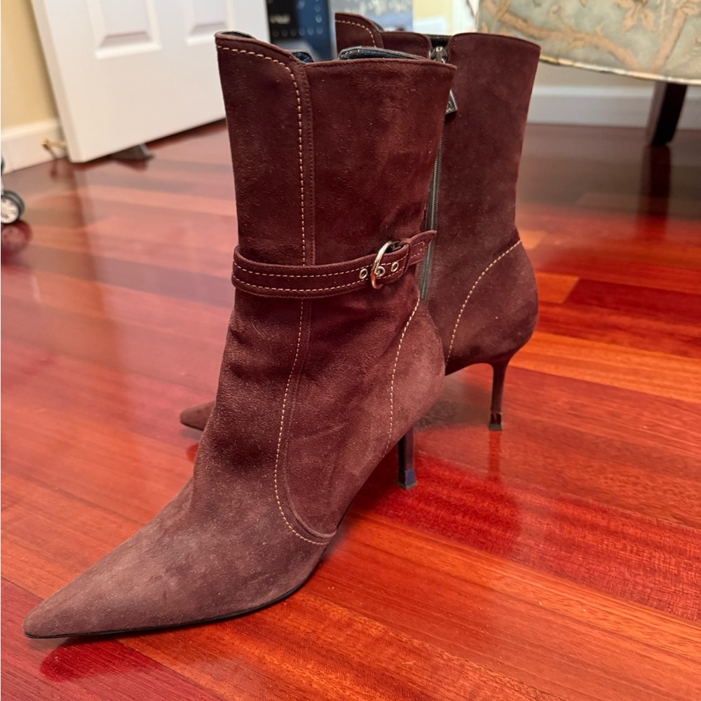 Brown Suede Pointed Toe Ankle Boots